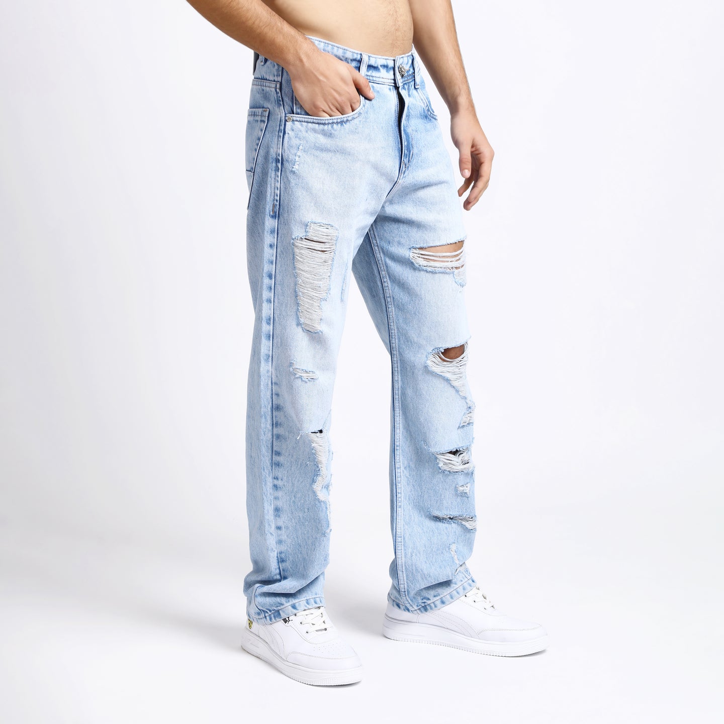 ICE BLUE BAGGY FIT DISTRESSED JEANS TEDDY 4773